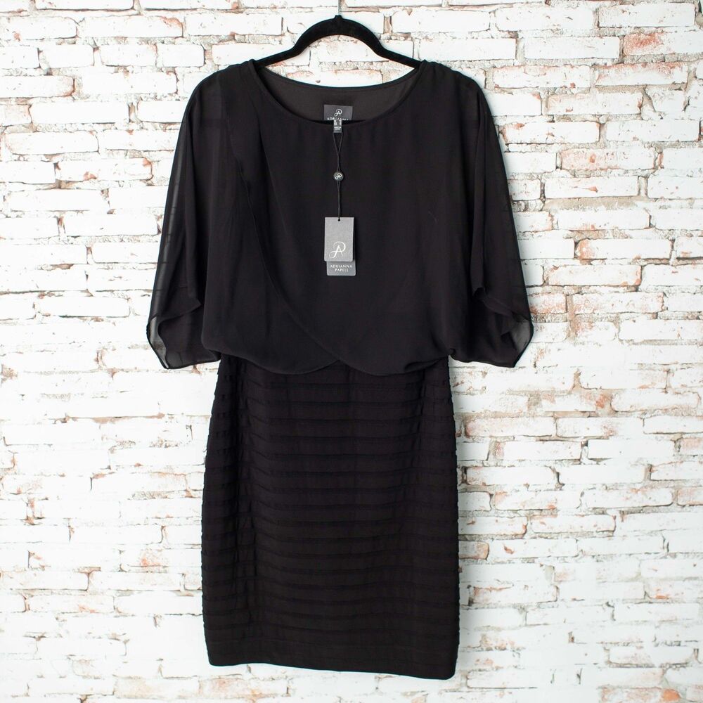 Adrianna Papell Black Chiffon Blouson Tiered Sheath Dress Women’s 8 NEW